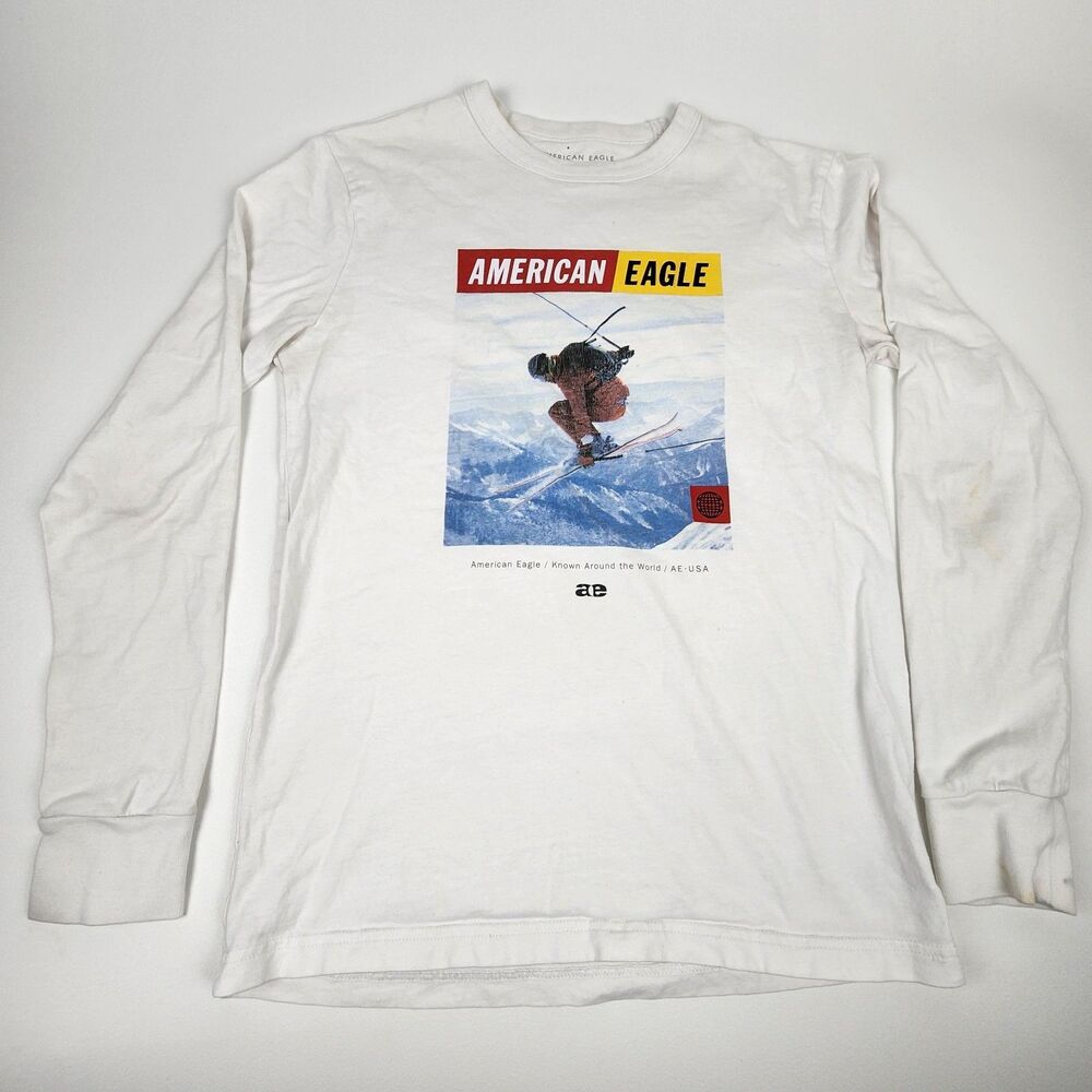 American Eagle XS Long Sleeve Graphic T Shirt White Ski Snowboard Logo Tee